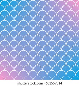 Fish skin on trendy gradient background. Square backdrop with fish skin ornament. Bright color transitions. Mermaid tail banner and invitation. Underwater and sea pattern. Blue, purple, pink colors.