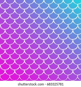 Fish skin on trendy gradient background. Square backdrop with fish skin ornament. Bright color transitions. Mermaid tail banner and invitation. Underwater and sea pattern. Blue, purple, pink colors.