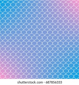 Fish skin on trendy gradient background. Square backdrop with fish skin ornament. Bright color transitions. Mermaid tail banner and invitation. Underwater and sea pattern. Blue, purple, pink colors.