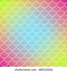 Fish skin on trendy gradient background. Square backdrop with fish skin ornament. Bright color transitions. Mermaid tail banner and invitation. Underwater and sea pattern. Rainbow colors.
