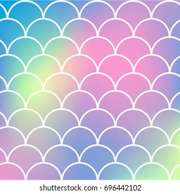 Fish skin on trendy gradient background. Square backdrop with fish skin ornament. Bright color transitions. Mermaid tail banner and invitation. Underwater and sea pattern. Rainbow colors.