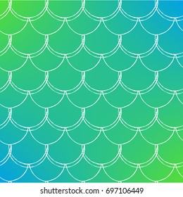 Fish skin on trendy gradient background. Square backdrop with fish skin ornament. Bright color transitions. Mermaid tail banner and invitation. Underwater and sea pattern. Green and blue colors.