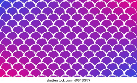 Fish skin on trendy gradient background. Horizontal backdrop with fish skin ornament. Bright color transitions. Mermaid tail banner and invitation. Underwater sea pattern. Blue, purple, pink colors