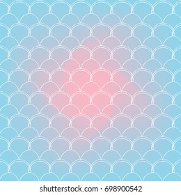 Fish skin on trendy gradient background. Square backdrop with fish skin ornament. Bright color transitions. Mermaid tail banner and invitation. Underwater and sea pattern. Blue, rose, pink colors.