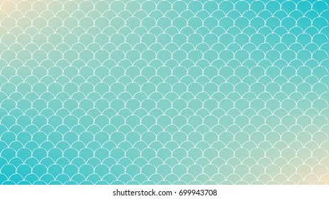 Fish skin on trendy gradient background. Horizontal backdrop with fish skin ornament. Bright color transitions. Mermaid tail banner and invitation. Underwater sea pattern. Turquoise, blue colors.