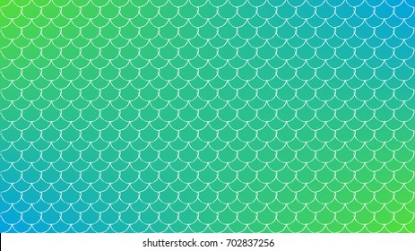 Fish skin on trendy gradient background. Horizontal backdrop with fish skin ornament. Bright color transitions. Mermaid tail banner and invitation. Underwater sea pattern. Green and blue colors.