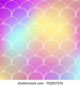 Fish skin on trendy gradient background. Square backdrop with fish skin ornament. Bright color transitions. Mermaid tail banner and invitation. Underwater and sea pattern. Rainbow colors.