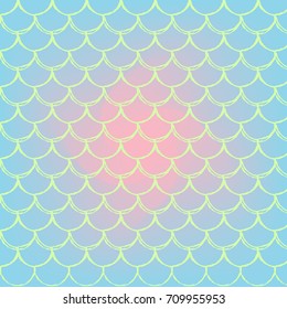 Fish skin on trendy gradient background. Square backdrop with fish skin ornament. Bright color transitions. Mermaid tail banner and invitation. Underwater and sea pattern. Blue, rose, pink colors.