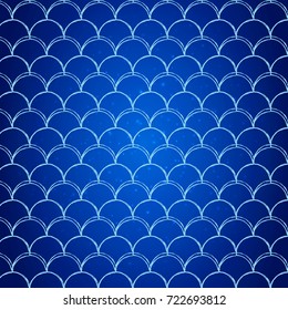Fish skin on trendy gradient background. Square backdrop with fish skin ornament. Bright color transitions. Mermaid tail banner and invitation. Underwater and sea pattern. Deep blue colors.