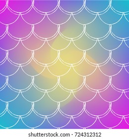 Fish skin on trendy gradient background. Square backdrop with fish skin ornament. Bright color transitions. Mermaid tail banner and invitation. Underwater and sea pattern. Rainbow colors.