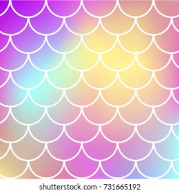 Fish skin on trendy gradient background. Square backdrop with fish skin ornament. Bright color transitions. Mermaid tail banner and invitation. Underwater and sea pattern. Rainbow colors.