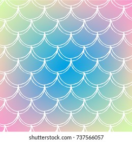 Fish skin on trendy gradient background. Square backdrop with fish skin ornament. Bright color transitions. Mermaid tail banner and invitation. Underwater and sea pattern. Rainbow colors.