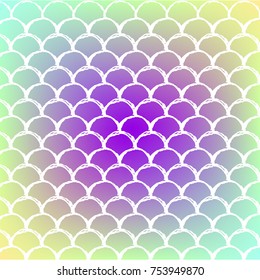 Fish skin on trendy gradient background. Square backdrop with fish skin ornament. Bright color transitions. Mermaid tail banner and invitation. Underwater and sea pattern. Rainbow colors.