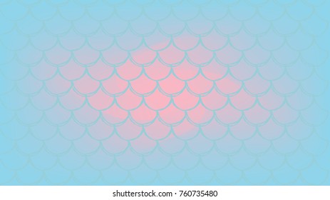 Fish skin on trendy gradient background. Horizontal backdrop with fish skin ornament. Bright color transitions. Mermaid tail banner and invitation. Underwater sea pattern. Blue, rose, pink colors.