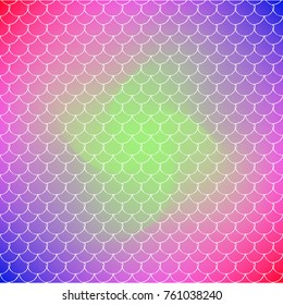 Fish skin on trendy gradient background. Square backdrop with fish skin ornament. Bright color transitions. Mermaid tail banner and invitation. Underwater and sea pattern. Rainbow colors.