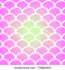 Fish skin on trendy gradient background. Square backdrop with fish skin ornament. Bright color transitions. Mermaid tail banner and invitation. Underwater and sea pattern. Warm peachy colors.
