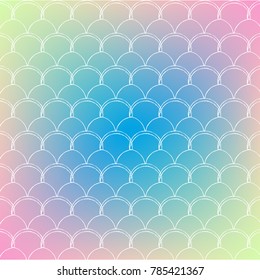 Fish skin on trendy gradient background. Square backdrop with fish skin ornament. Bright color transitions. Mermaid tail banner and invitation. Underwater and sea pattern. Blue, yellow, pink colors.