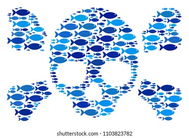 Fish skull crossbones collage in blue color variations. Vector fish symbols are formed into skull crossbones mosaic. Nautical abstract design.
