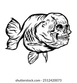 A fish with a skull on its head. The skull is positioned in such a way that it looks like it is biting the fish