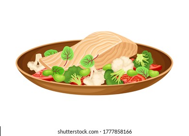 Fish Slab with Fresh Vegetables as Brazilian Cuisine Dish Vector Illustration