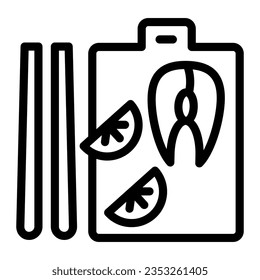 Fish slice on cutting board with lemon line icon, Fish market concept, Sushi serving sign on white background, Salmon steak and lemon on board icon outline style. Vector graphics.
