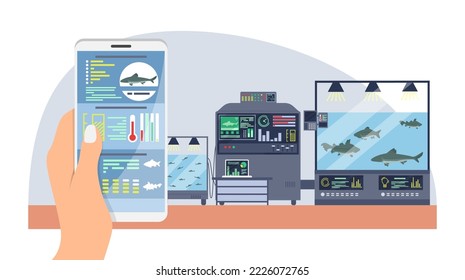 Fish smart farm flat vector. Digital agriculture technology illustration. Farming system for automated growing and seafood cultivation. Human character holding phone with industry control app