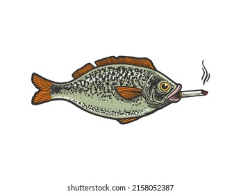fish smokes cigarette color sketch engraving vector illustration. T-shirt apparel print design. Scratch board imitation. Black and white hand drawn image. svg
