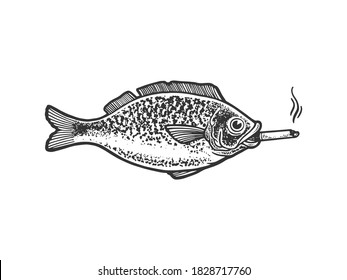 fish smokes a cigarette sketch engraving vector illustration. T-shirt apparel print design. Scratch board imitation. Black and white hand drawn image.