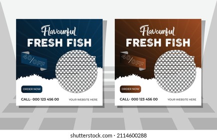 Fish social media post or web banner design template, Sea and freshwater fish premium vector illustration, Social media and web ads promotion template, Two suitable colors.