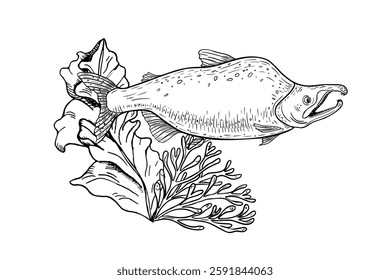 Fish sockeye Among Coral and Seaweed vector Line Art. Underwater Ocean Scene in Black and White graphic hand painted. Monochrome Nautical Decor, Aquarium Prints, Marine Life engraving Illustrations.