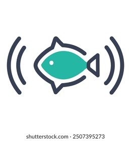 Fish sonar icon design. Minimalist fish icon with sonar waves. Perfect for marine life, fishing, technology, or aquatic themes.