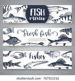 Fish sorts and types. Hand drawn vector illustrations. Lake fish in line art style. Vector sea and ocean creatures for seafood menu design.