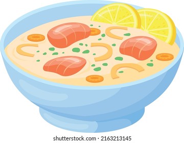 Fish Soup Bowl. Cartoon Tasty Seafood Icon Isolated On White Background