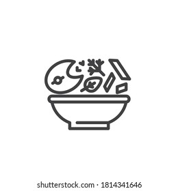 Fish soup bowl line icon. linear style sign for mobile concept and web design. Fish and vegetable salad outline vector icon. Symbol, logo illustration. Vector graphics