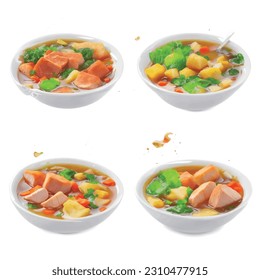 Fish soup with meat cubes and chicken broth realistic 3d vector graphic isolated white background