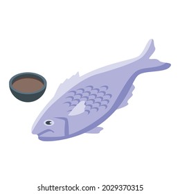 Icono de salsa de soja de pescado vector isométrico. Botella japonesa. Pescado de China