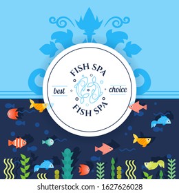 Fish spa advertisement banner, vector illustration. Exotic wellness procedure advertisement, brochure cover, booklet template. Cartoon style decorative fish swimming under water. Company emblem icon