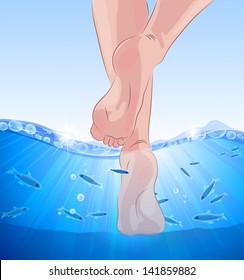 Fish spa, fish and feet in blue water