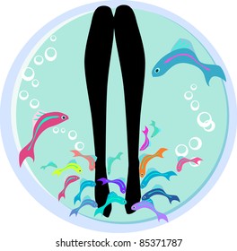 Fish spa pedicure wellness care treatment with rufa garra, or doctor fish, nibble fish and kangal fish Vector color