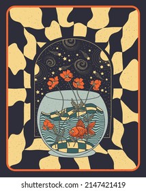 Fisch im Weltraum, Illustration mit optischer Illusion, psychedelisches Poster