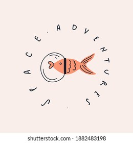 Fisch in Raumfahrt und handgeschriebener Text: Weltraumabenteuer. Vektorgrafik