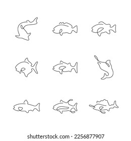 Fish species artistic style continuous line icons. Editable stroke.