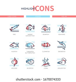 Fish species - modern line design style icons set with blue, red color filling. Marine habitat idea. Pike, boarfish, seahorse, hogfish, threadfin butterflyfish, clownfish, swordfish, molidae, coral