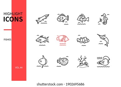 Fish Species - Modern Line Design Style Icons Set. Black And White Images. Marine Habitat Idea. Pike, Boarfish, Seahorse, Hogfish, Threadfin Butterflyfish, Clownfish, Swordfish, Molidae, Coral