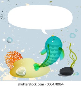 Fish with speech balloon under the sea, underwater, marine life. Vector cartoon illustration.