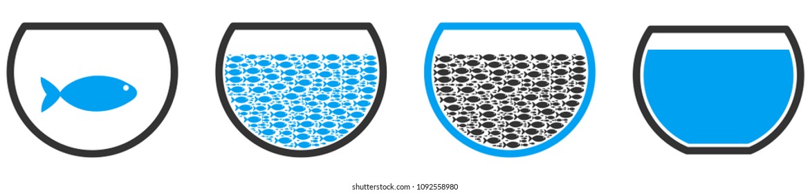 Fish spheric tank vector illustration set with collage elements filled by fish icons in blue and gray colors. Flat eco style with mosaic items.
