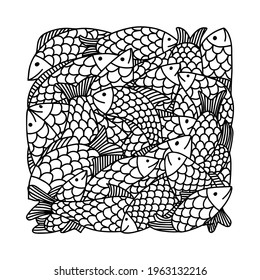 Fish square poster. Doodle coloring page. Stock vector illustration.