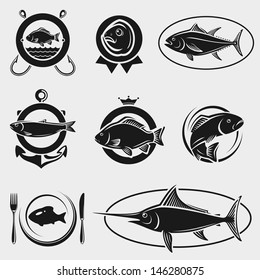 Fish stamps and labels set. Vector