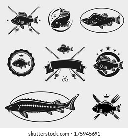 Fish stamps and labels set. Vector