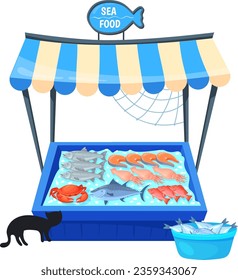 Fish stand. Cartoon street market food stall isolated on white background